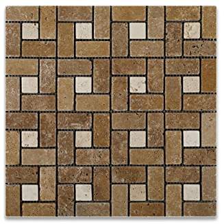 Brown Noce Travertine Pinwheel Mosaic Tile 6x6 with Ivory Dots, Tumbled