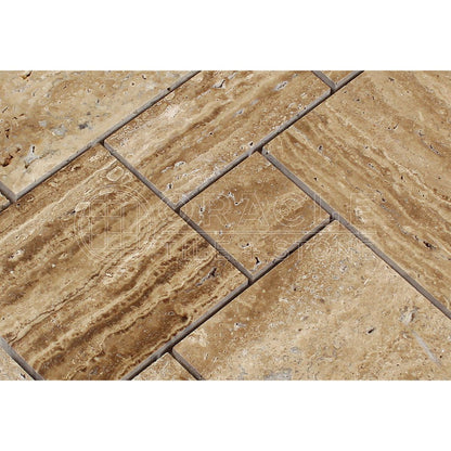 Brown Noce Travertine Mini Pattern Mosaic Tile, Polished & Vein-Cut