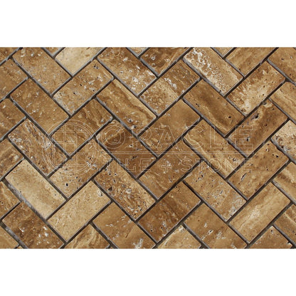 Noce Travertine Herringbone Mosaic Tile 1x2, Brushed & Unfilled & Vein-Cut