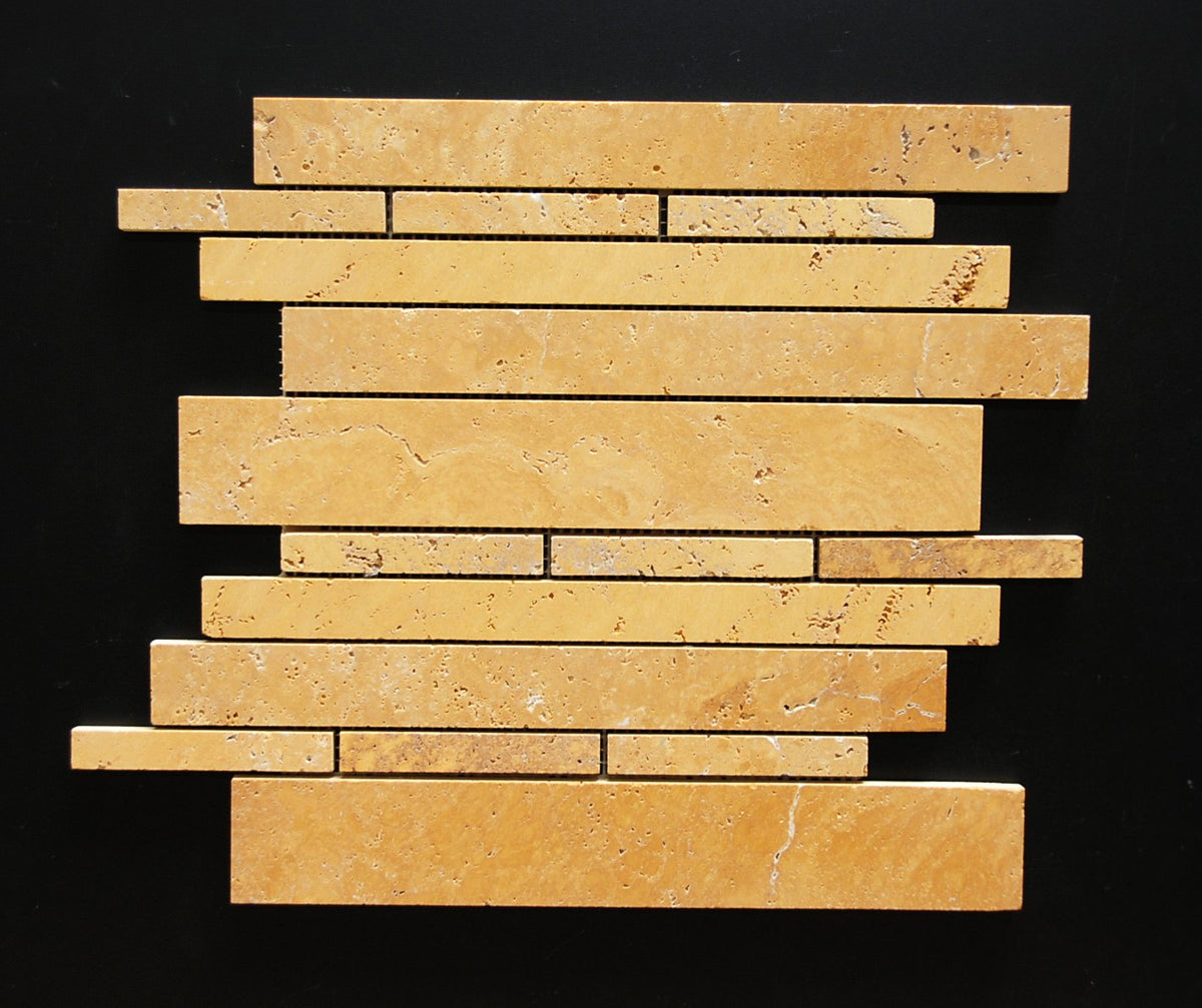 Gold Travertine Random Strip Mosaic Tile, Honed