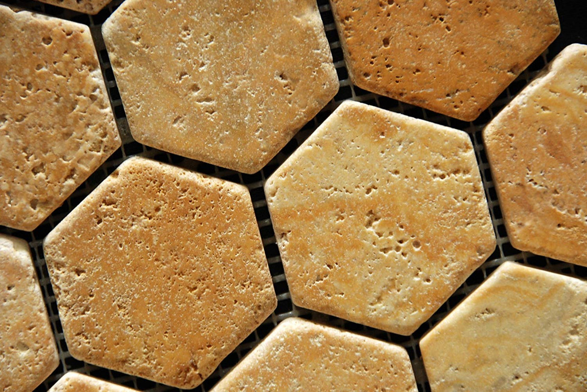 Gold Travertine Hexagon Mosaic Tile, Tumbled