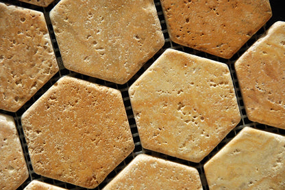 Gold Travertine Hexagon Mosaic Tile, Tumbled