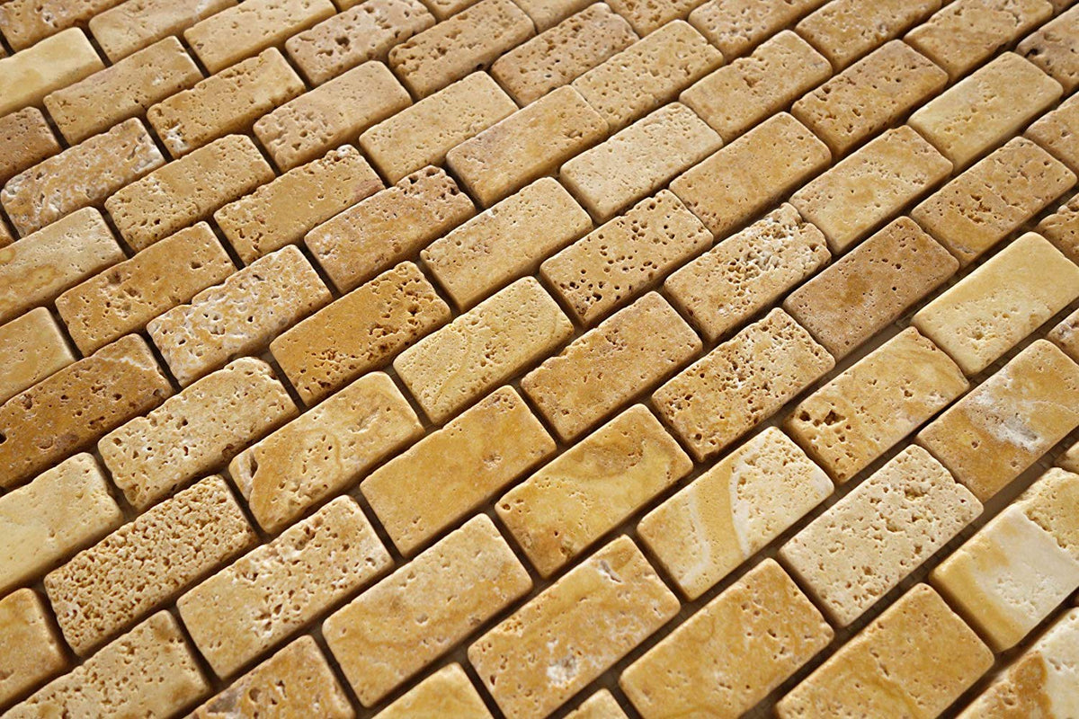 Gold Travertine Brick Mosaic Tile 1x2, Tumbled