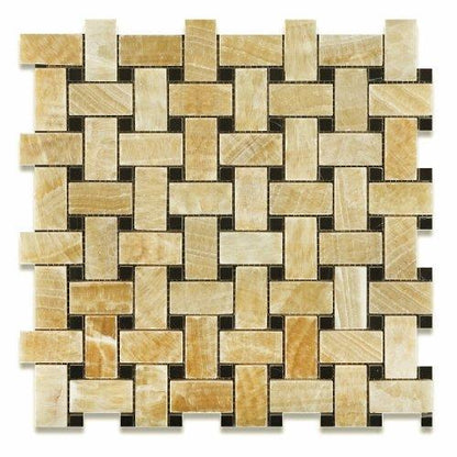 Honey Onyx Basketweave Mosaic Tile 6x6 with Black Dots, Polished