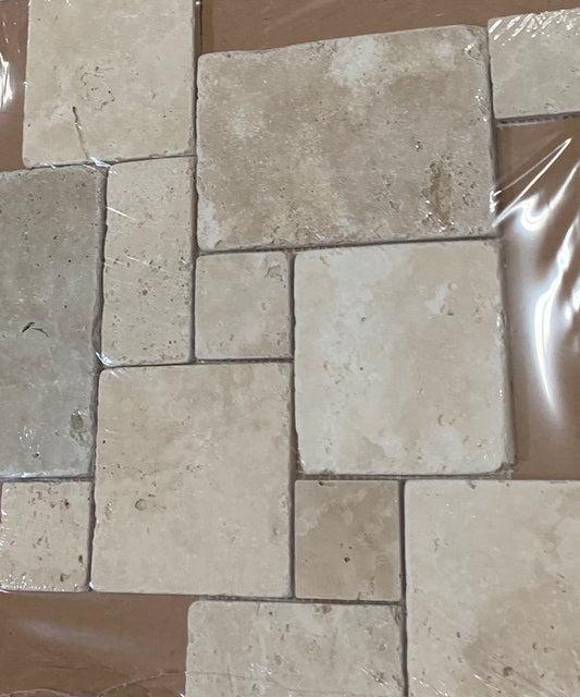 Ivory Travertine 4-Piece Opus Mini-Pattern Mosaic Tile. Tumbled 60 sheets - Tilefornia