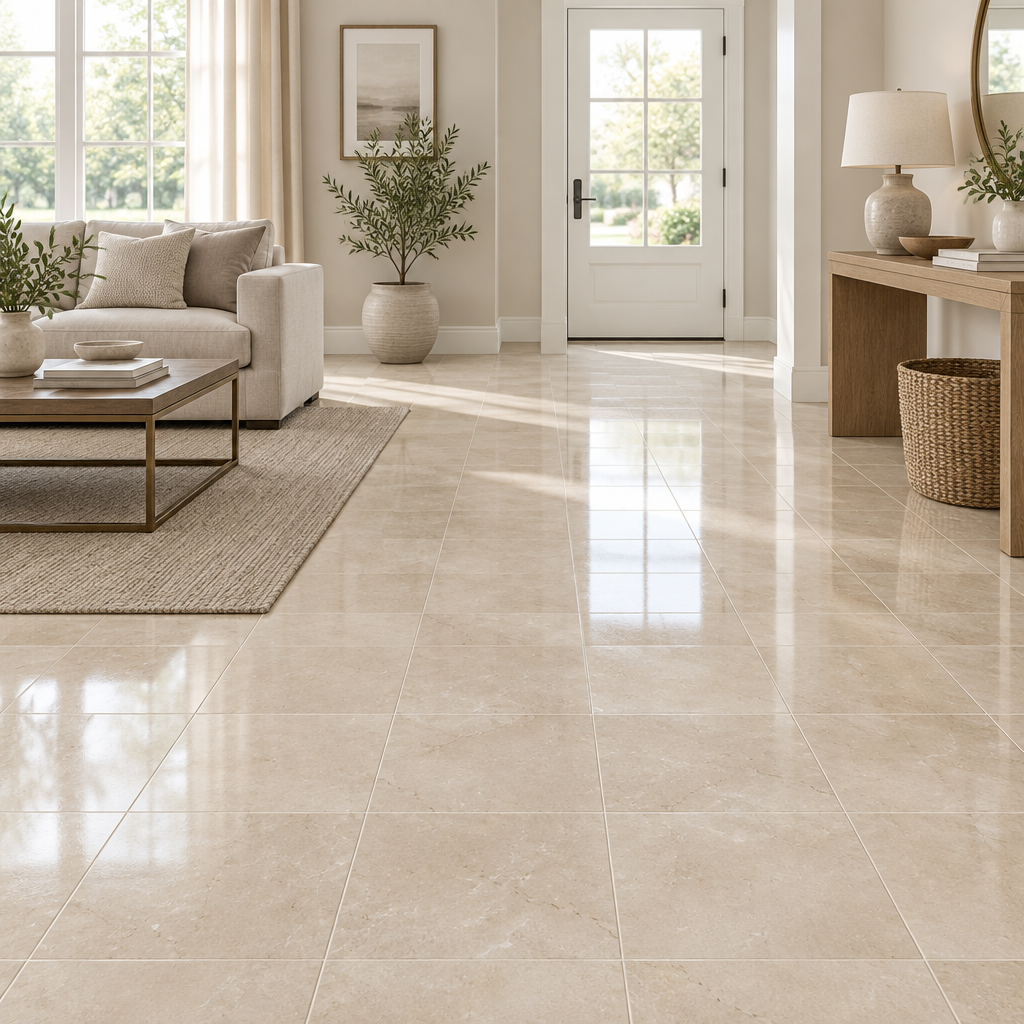 Crema Marfil Marble Tile 12x12, Polished - installed on floor