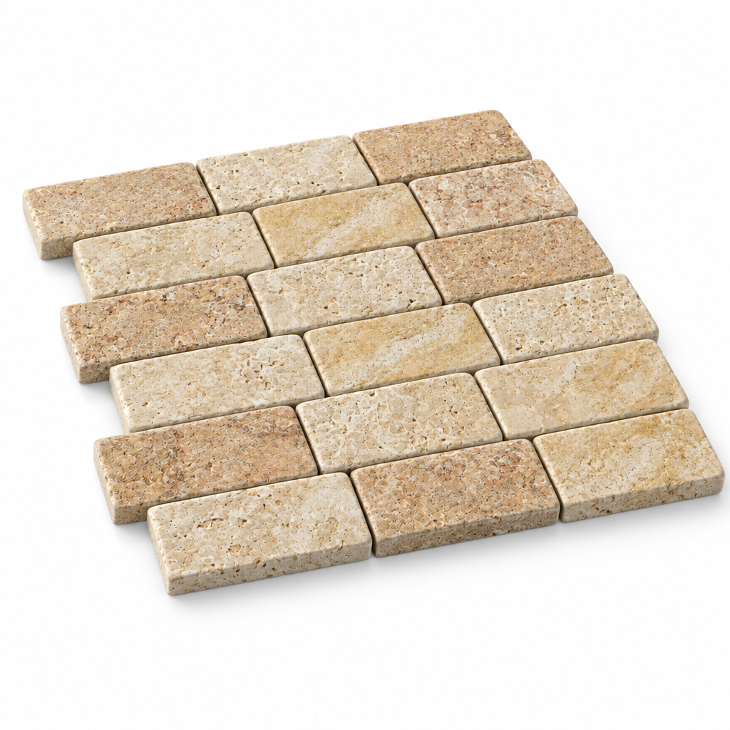 Cream Valencia Travertine Brick Mosaic Tile 2x4, Tumbled - 45 degree view showing thickness
