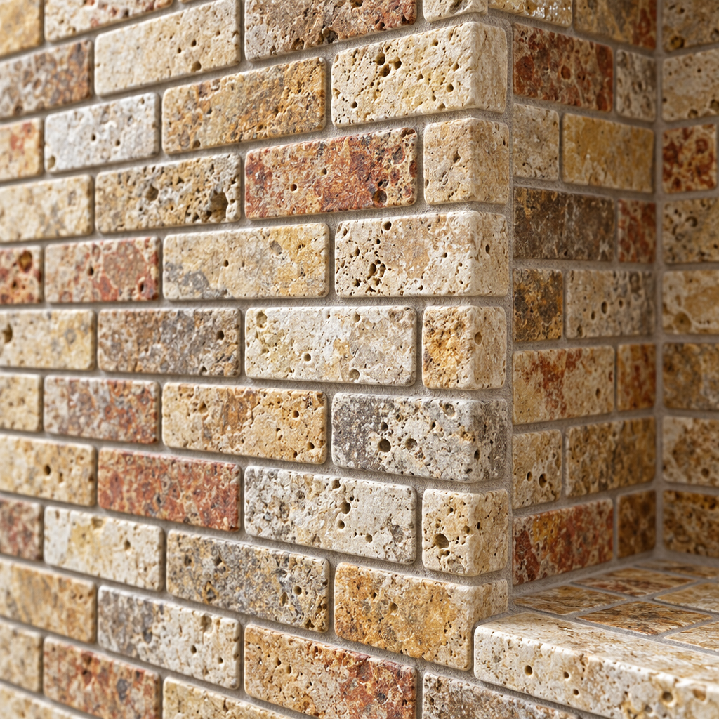 Scabos Travertine Brick Mosaic Tile 1x2, Tumbled - installed close-up