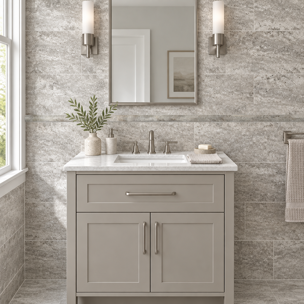 Silver Travertine Pencil Tile Trim 3/4x12, Honed - installed on wall