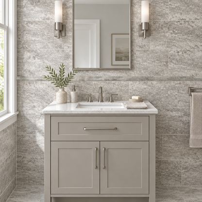 Silver Travertine Pencil Tile Trim 3/4x12, Honed - installed on wall