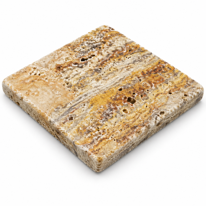 Scabos Travertine Tile 6x6, Tumbled - 45 degree view showing thickness