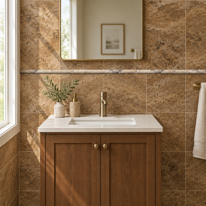Walnut Travertine Pencil Tile Trim 3/4x12, Honed - installed on wall