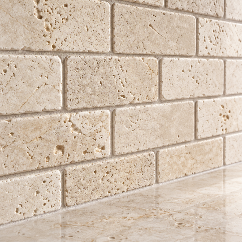 Ivory Travertine Brick Mosaic Tile 2x4, Tumbled - installed close-up