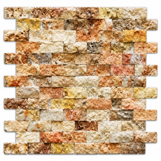Scabos Travertine Brick Mosaic Tile 1x2, Split Face - white background