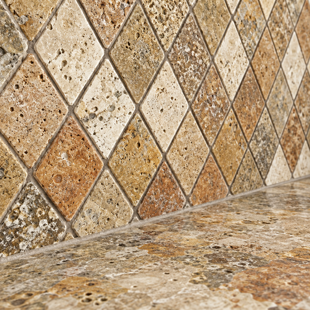 Scabos Travertine Diamond Mosaic Tile 2x4, Tumbled - installed close-up