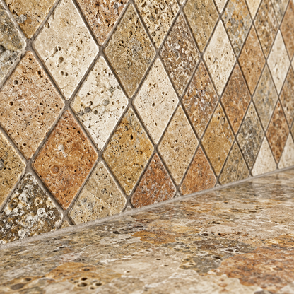 Scabos Travertine Diamond Mosaic Tile 2x4, Tumbled - installed close-up