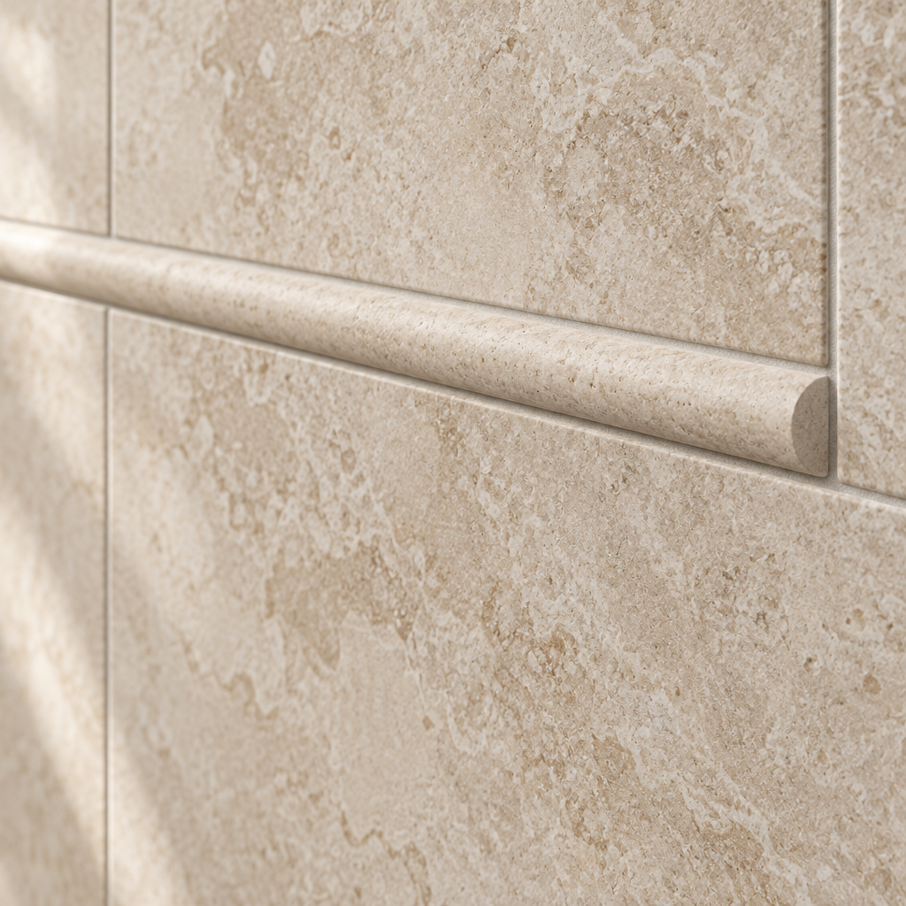 Beige Durango Travertine Pencil Tile Trim 1/2x12, Honed - installed close-up