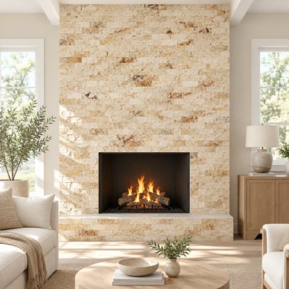 Cream Valencia Travertine Brick Mosaic Tile 1x2, Split Face - installed on wall