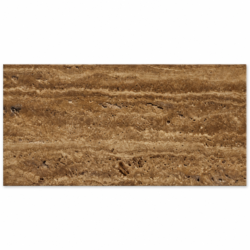 Brown Noce Vein-Cut Travertine Tile 12x24, Brushed & Unfilled - white background