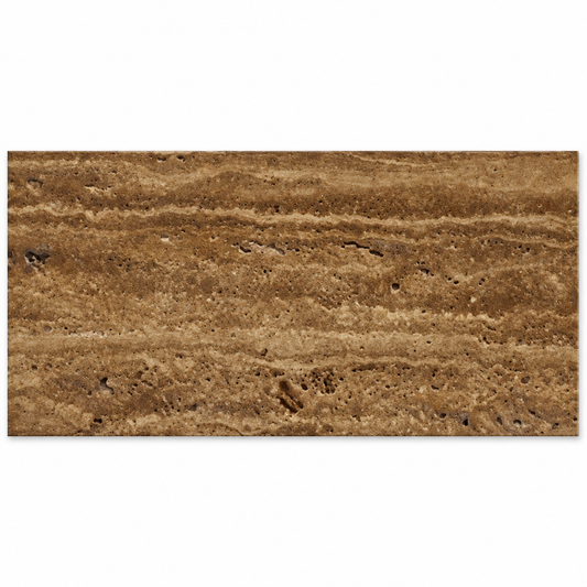Brown Noce Vein-Cut Travertine Tile 12x24, Brushed & Unfilled - white background
