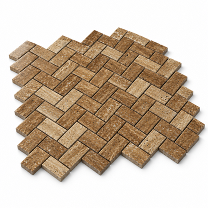 Brown Noce Travertine Herringbone Mosaic Tile 1x2, Brushed & Unfilled & Vein-Cut - 45 degree view showing thickness