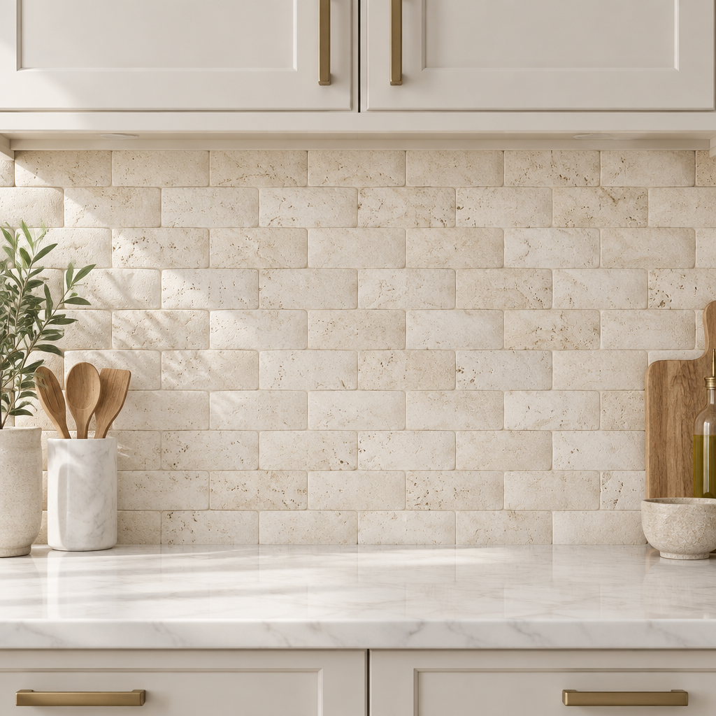 Ivory Travertine Arched Brick Mosaic Tile 2x4, Honed - installed on wall