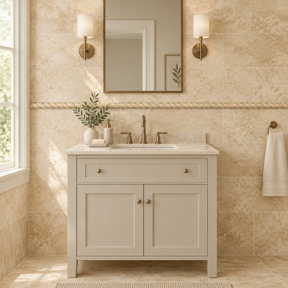 Beige Durango Travertine Rope Tile Trim 1x12, Honed - installed on wall