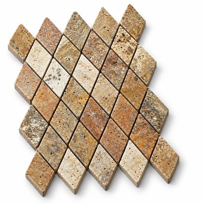 Scabos Travertine Diamond Mosaic Tile 2x4, Tumbled - 45 degree view showing thickness
