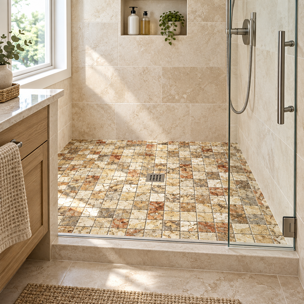 Scabos Travertine Mosaic Tile 2x2, Tumbled - installed on shower