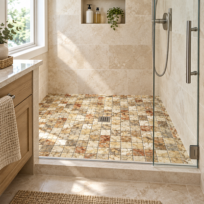Scabos Travertine Mosaic Tile 2x2, Tumbled - installed on shower