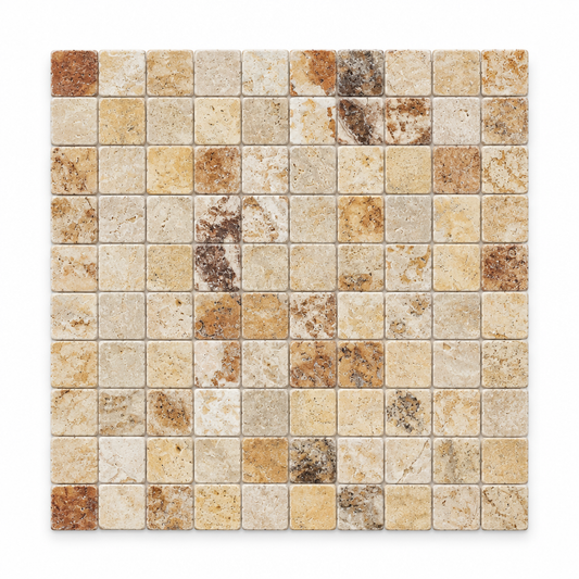 Cream Valencia Travertine Mosaic Tile 1x1, Tumbled - white background