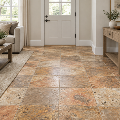 Scabos Travertine Tile 18x18, Tumbled - installed on floor