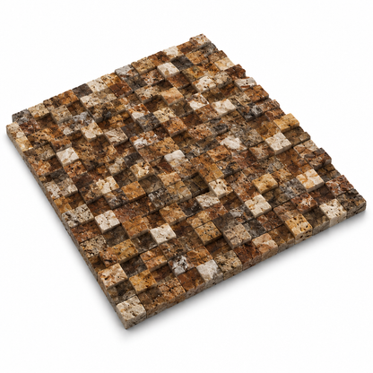 Scabos Travertine Mosaic Tile 1x1, Split Face - 45 degree view showing thickness
