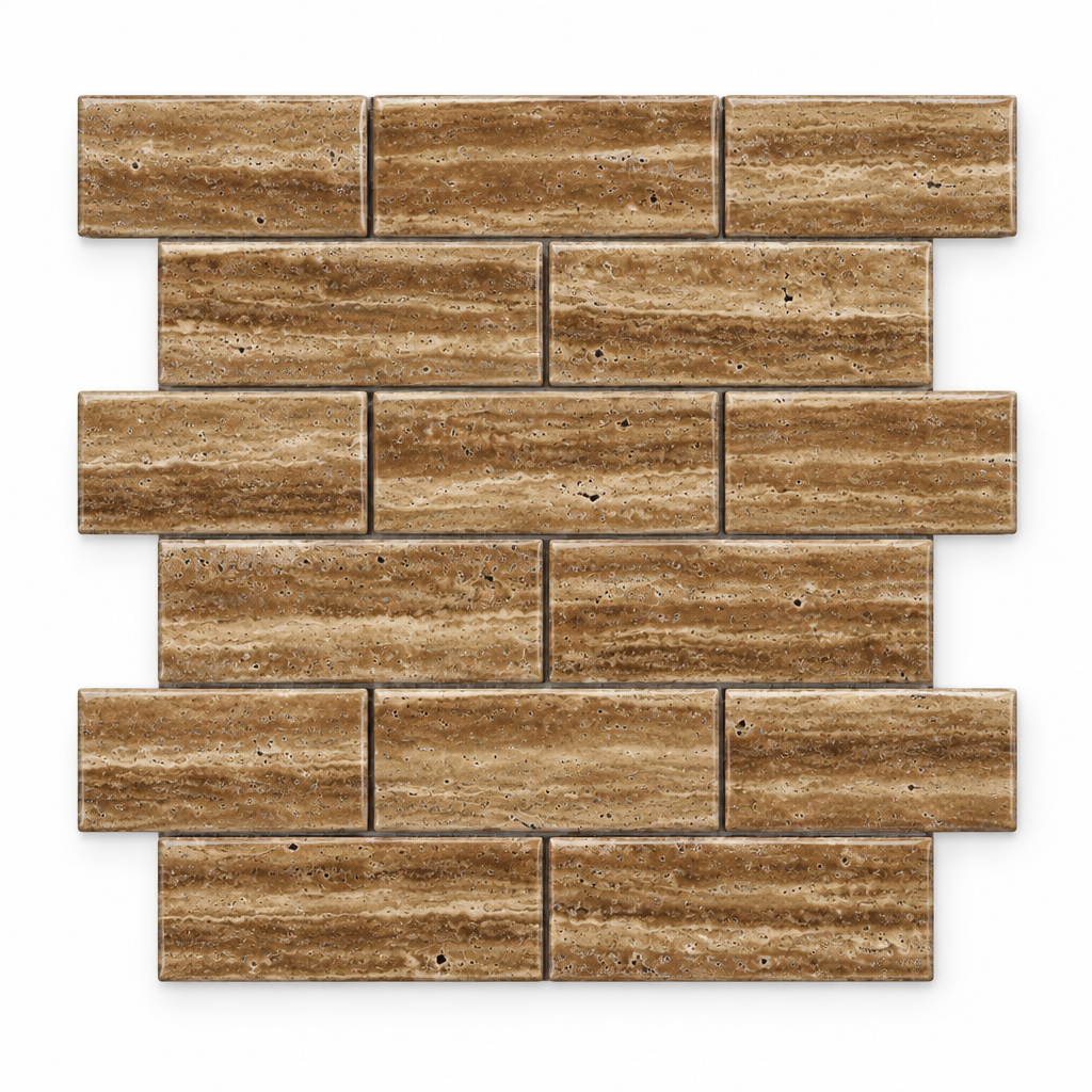 Brown Noce Travertine Brick Mosaic Tile 2x4, Polished & Vein-Cut - white background