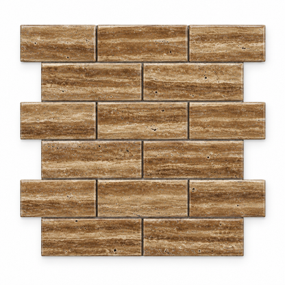 Brown Noce Travertine Brick Mosaic Tile 2x4, Polished & Vein-Cut - white background
