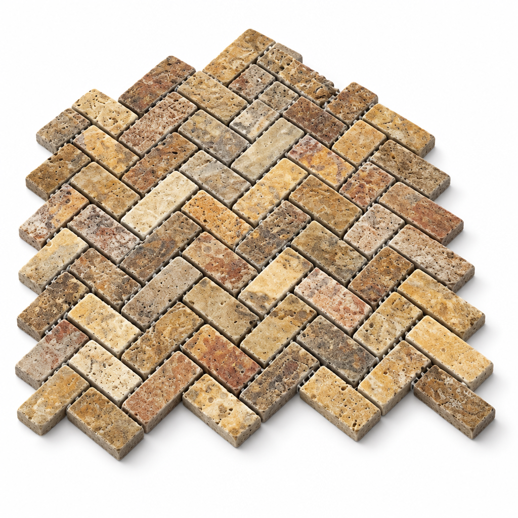 Scabos Travertine Herringbone Mosaic Tile 1x2, Tumbled - 45 degree view showing thickness