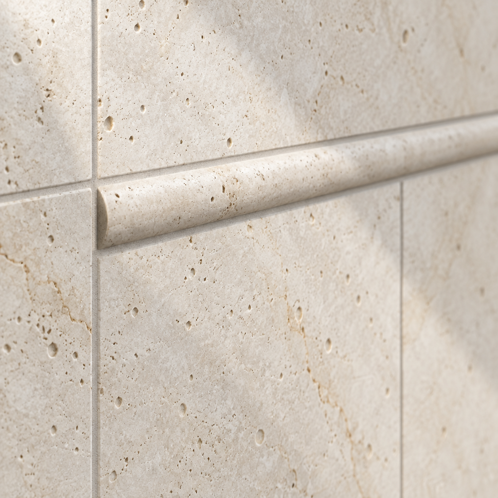 Ivory Travertine Pencil Tile Trim 1/2x12, Honed - installed close-up