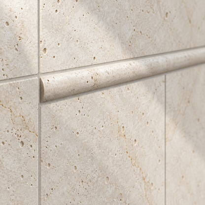 Ivory Travertine Pencil Tile Trim 1/2x12, Honed - installed close-up