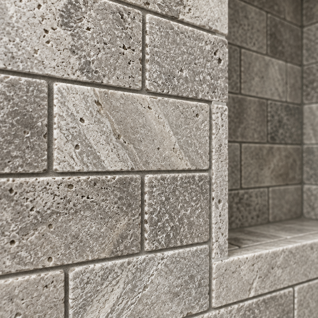 Silver Travertine Brick Mosaic Tile 2x4, Tumbled - installed close-up