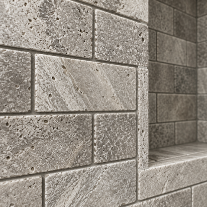 Silver Travertine Brick Mosaic Tile 2x4, Tumbled - installed close-up