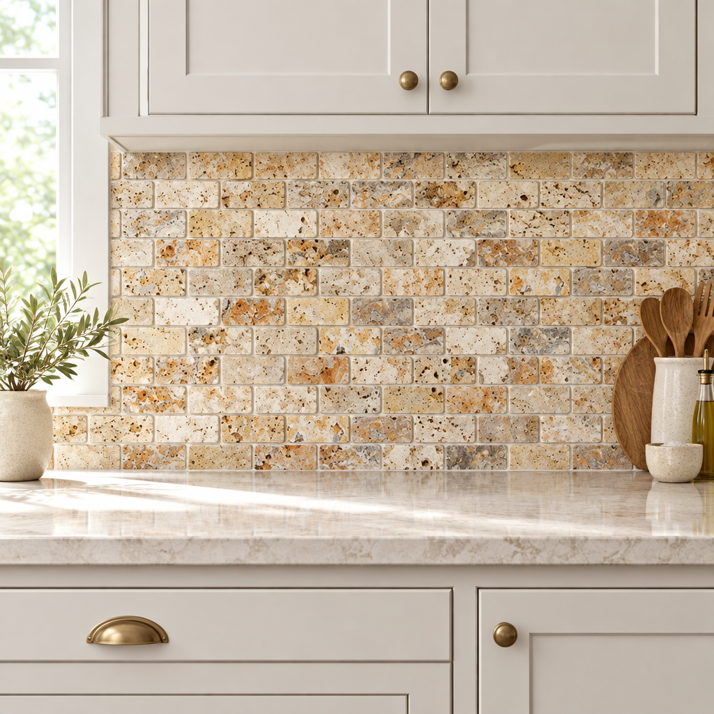 Scabos Travertine Brick Mosaic Tile 2x4, Tumbled - installed on wall