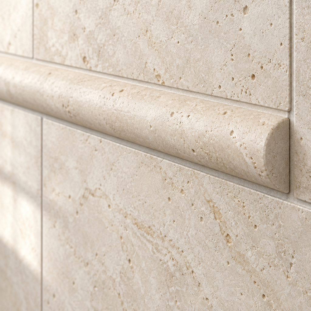 Ivory Travertine Dome Tile Trim 1x12, Honed - installed close-up
