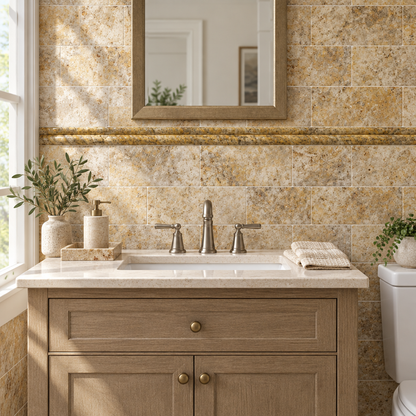 Scabos Travertine Rope Tile Trim 1x12, Honed - installed on wall