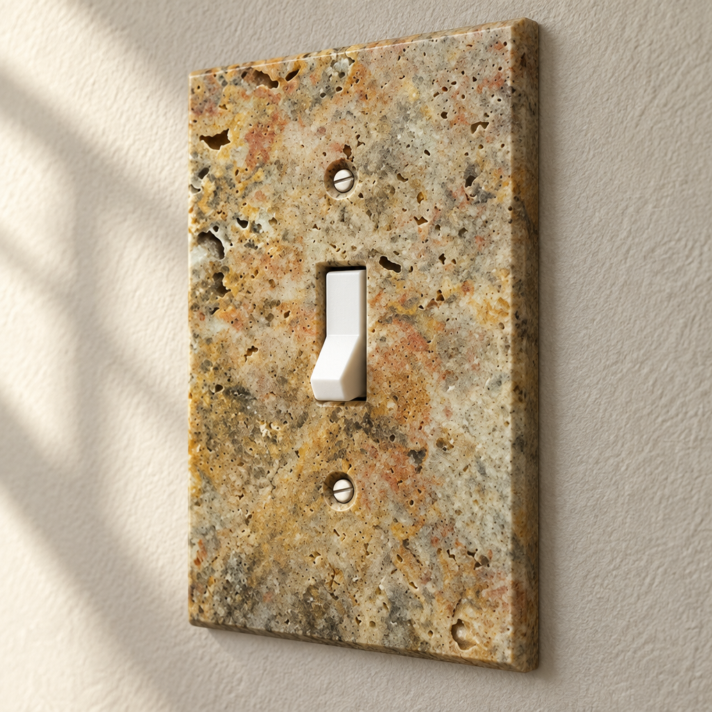 Scabos Travertine Toggle Switch Plate - installed close-up
