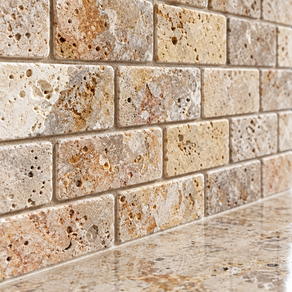 Scabos Travertine Brick Mosaic Tile 2x4, Tumbled - installed close-up