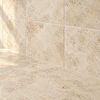 Beige Durango Travertine Tile 4x4, Filled & Honed - installed close-up