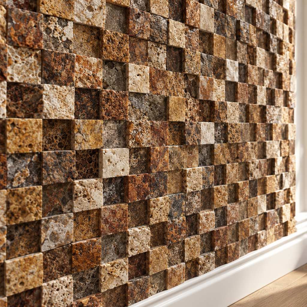 Scabos Travertine Mosaic Tile 1x1, Split Face - installed close-up