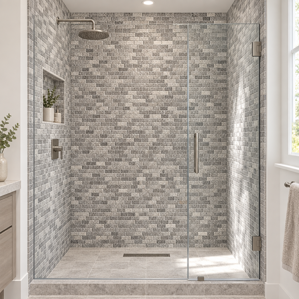 Silver Travertine Brick Mosaic Tile 1x2, Tumbled - installed on shower
