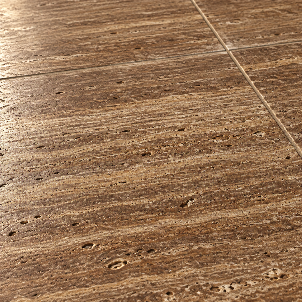 Brown Noce Travertine Tile 18x18, Brushed & Unfilled & Vein-Cut - installed close-up