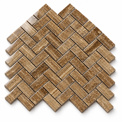 Brown Noce Travertine Herringbone Mosaic Tile 1x2, Polished & Vein-Cut - 45 degree view showing thickness